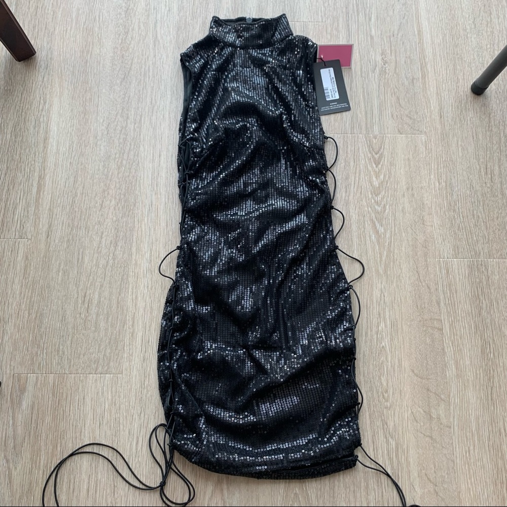 NWT PrettyLittleThing Black Sequins Laced Up Dress